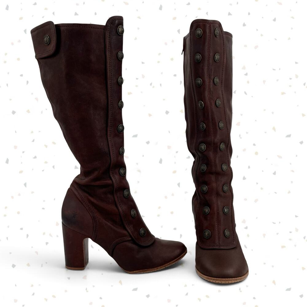 Y2K Frye Adrienne Button Boot Knee High Brown Tall Heel Leather Steampunk Size 9
